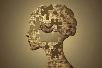 Sticker - Neuronal sharpness Synaptic network Beige silhouette of a womans profile with puzzle patterns symbolizing inner reflection and the intricacies of the mind