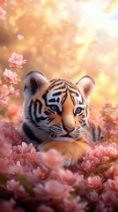 Wall Mural - Adorable Tiger Cub in a Field of Pink Flowers