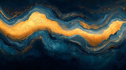 Canvas Print - Abstract Swirling Blue and Gold Liquid Art