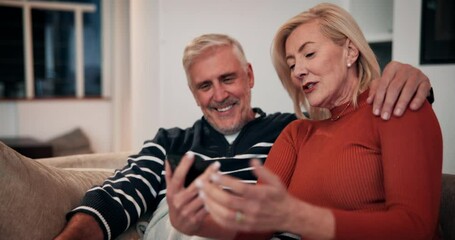 Poster - Relax, phone and happy with old couple on sofa for communication, retirement planning and anniversary getaway. Technology, web search and post with senior man and woman at home for resort booking