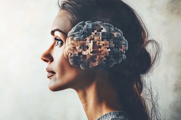 Canvas Print - Neural efficiency Prefrontal cortex Profile of a woman with puzzle pieces covering part of her hair symbolizing the search for personal identity and mental clarity