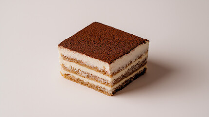 a slice of tiramisu with layers of coffee-soaked sponge and mascarpone cream against an isolated white background