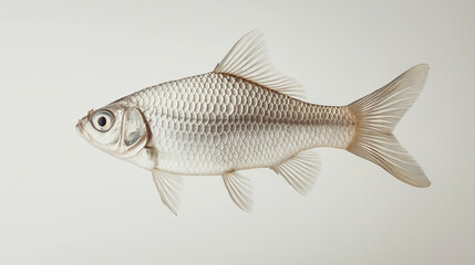 a small silver fish with glistening scales and a streamlined body against an isolated white background