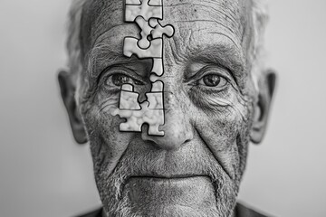 Canvas Print - Cognitive machinery Cognitive endurance Black and white portrait of an elderly man with a puzzle piece missing from his face symbolizing the fragility of memory and mental health