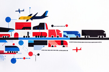 collage of a transport hub with trains, trucks, and planes converging, connected by dotted paper strips