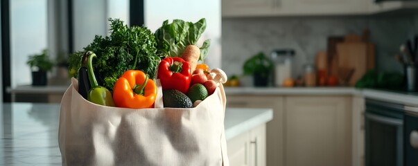 Fresh Produce in a White Canvas Tote Bag on a Kitchen Counter