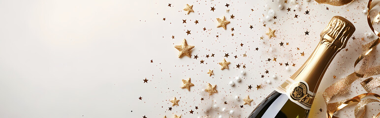 Wall Mural - Celebration background with golden champagne bottle, confetti stars and party streamers. Christmas, birthday or wedding concept. Flat lay.