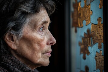 Sticker - Neuronal connections Cognitive endurance Profile of an elderly woman standing by a window with puzzle pieces symbolizing contemplation reflection and the passage of time