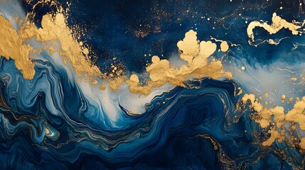 Canvas Print - Abstract Blue and Gold Swirling Marble Painting