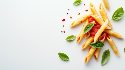 penne arrabbiata with spicy tomato sauce, chili flakes, and fresh basil leaves against an isolated white background