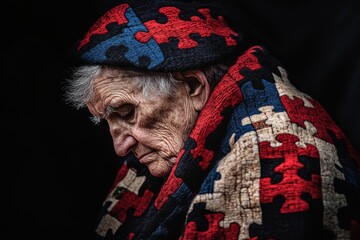 Sticker - Prefrontal lobe Neural endurance Elderly woman wearing a patchwork puzzle quilt symbolizing warmth nostalgia and the complexity of aging