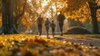 © raining - Family Running in Autumn Park at Sunrise