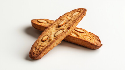 two biscotti with visible almonds and a crunchy texture against an isolated white background