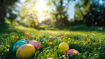 Wall Mural - Collection of colorful easter eggs laying in grass, background of trees and flowers blurred to highlight the natural feeling morning light 