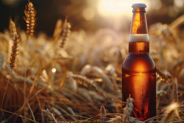 A clear glass bottle sitting amidst a lush green field of wheat, perfect for a rustic picnic or outdoor setting