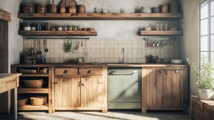 Rustic kitchen with reclaimed wood cabinets, farmhouse sink, and open shelving