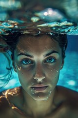 Wall Mural - A woman looks out from beneath the surface of the water, her bright blue eyes visible in the sunlight