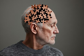 Poster - Neuroglia Brain agility Elderly man with puzzle pieces disintegrating from his head symbolizing the gradual loss of memory and cognitive functions