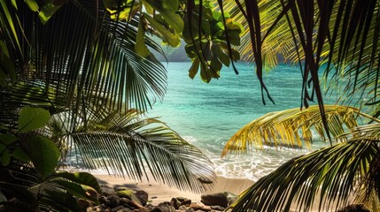 Wall Mural - Palm tree foliage and exotic shore