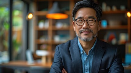 A man in a suit and glasses is smiling at the camera