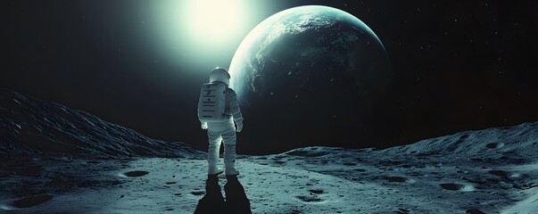 Wall Mural - Astronaut Standing on a Lunar Surface Facing Earth