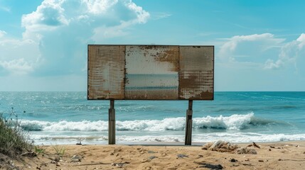 Abandoned Billboard on a Sunny Beach with Waves and Cloudy Sky