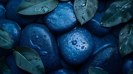 Wall Mural - Blue Stones and Green Leaves with Water Droplets