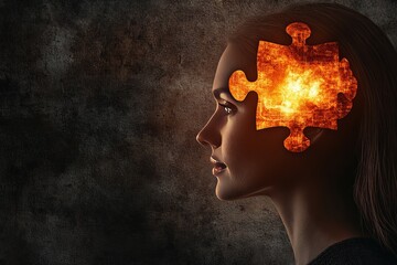 Sticker - Brainwaves Mental agility Woman in profile with a glowing fiery puzzle piece in her head symbolizing cognitive power mental resilience and the search for identity