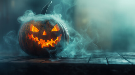 Halloween night orange pumpkin, carved with frightening face, emitted cloud of smoke it sat amidst dark autumn leaves, creating skittish atmosphere filled with ghostly horror evil sense of dread.