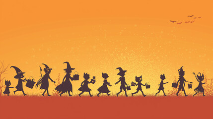 October night illustration, skittish girl in a black costume and hat creates creepy silhouette, embodying the horror and scary vibes of Halloween, as children in background enjoy the festive party.