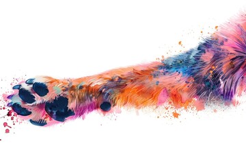 Wall Mural - A colorful cat's paw covered in paint splatters, ideal for creative or artistic concepts