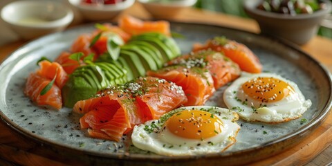 Wall Mural - A tempting morning spread consisting of smoked salmon, creamy avocado, and expertly prepared eggs.