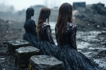 Wall Mural - Mysterious women in dark dresses standing on rocky shore