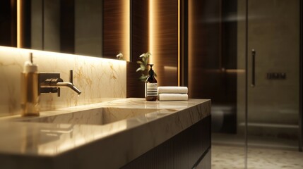 Sleek, marble-topped vanity with modern, minimalist hardware in a spa-like bathroom