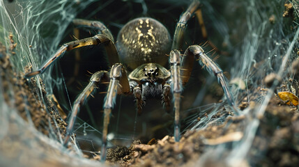 Large brown spider slowly crawling across an intricate and tangled web, in a unique style.