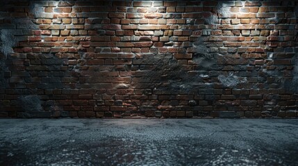 Wall Mural - Dark-themed backdrop for product display with gradient light on brick wall and empty concrete floor