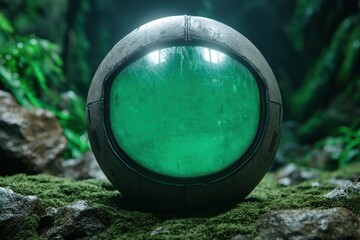 Poster - Glowing green orb in moss-covered forest