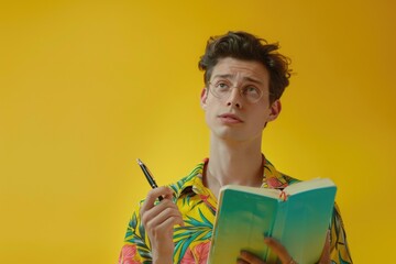 Wall Mural - A young student holding a pen and book, possibly working on an assignment or studying for a test