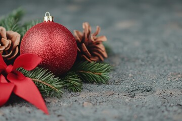 Wall Mural - Festive red christmas ornament with pine branches