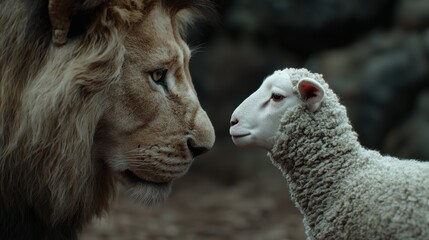 Canvas Print - Majestic lion and curious lamb face to face