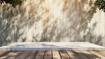 Wall Mural - Marble Table with Tree Shadows and Wooden Planks Backdrop: Ideal Summer Setting for Designs and Presentations