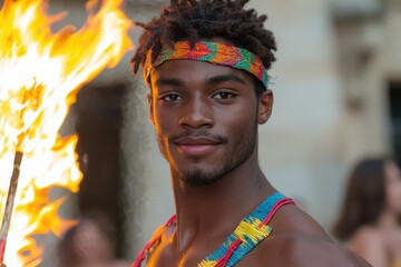 Vibrant portrait of a young man with dreadlocks and colorful headband