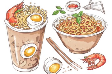 Wall Mural - A bowl of hot noodles and a cup of freshly brewed coffee on a table