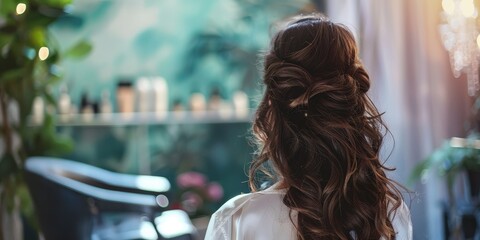 Bride with cascading dark hair getting ready for her wedding while receiving makeup and hairstyling.