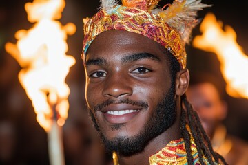 Poster - Vibrant portrait of a smiling man in traditional ethnic clothing