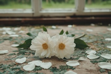 Sticker - Delicate white flowers on wooden floor