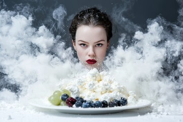 Poster - woman emerging from smoke with dessert