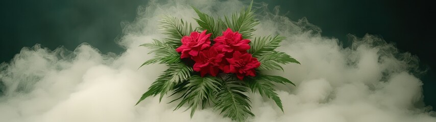 Poster - tropical floral arrangement with red flowers and palm leaves