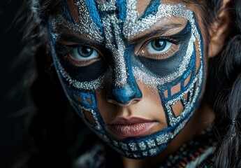 Canvas Print - Mysterious masked figure with striking blue and silver makeup