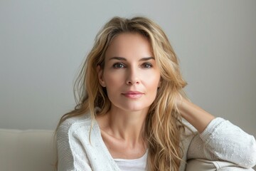 A woman sits on a couch with her hand on her head, looking worried